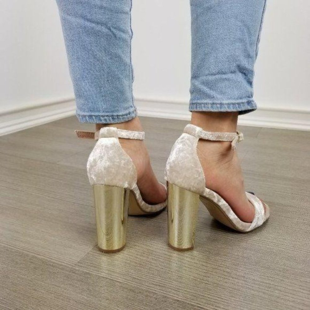 Party Nude Velvet Sandal with Gold Block Heel - Picture 8 of 10